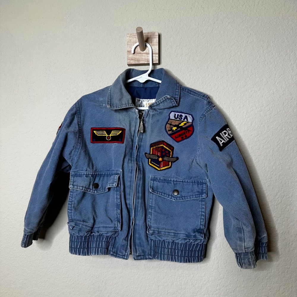 Vintage London Fog Kids 3T Blue Canvas Flight Bomber Jacket USA Flag Patches